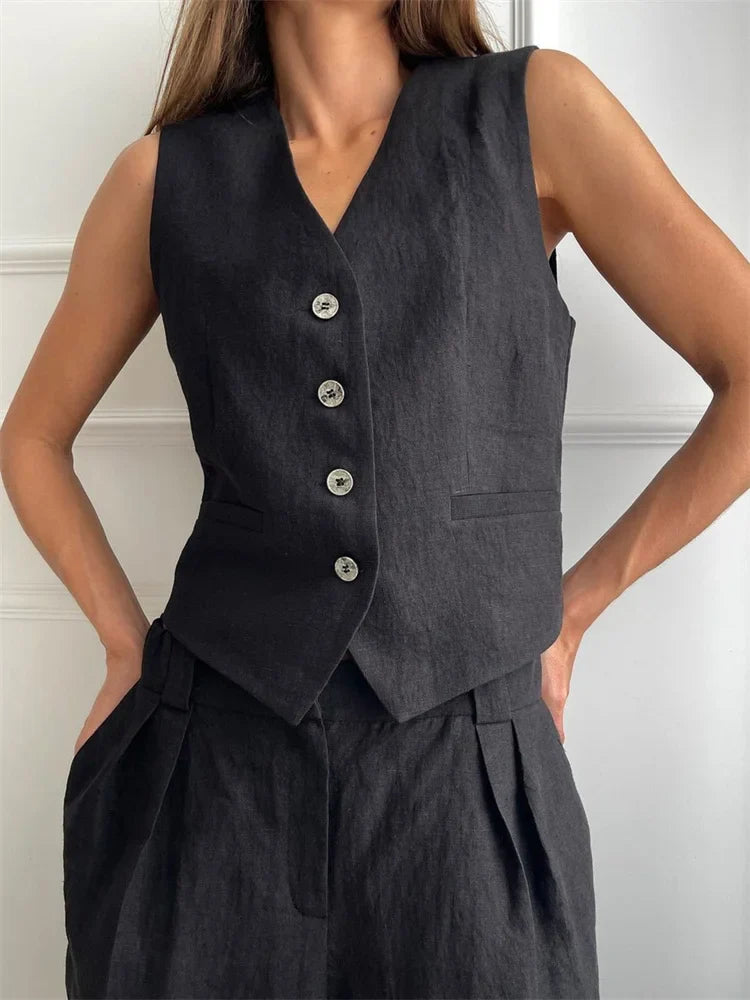Linen Trouser Set with Buttoned Vest Top and Wide-Leg Pleated Trousers, Two-Piece Design