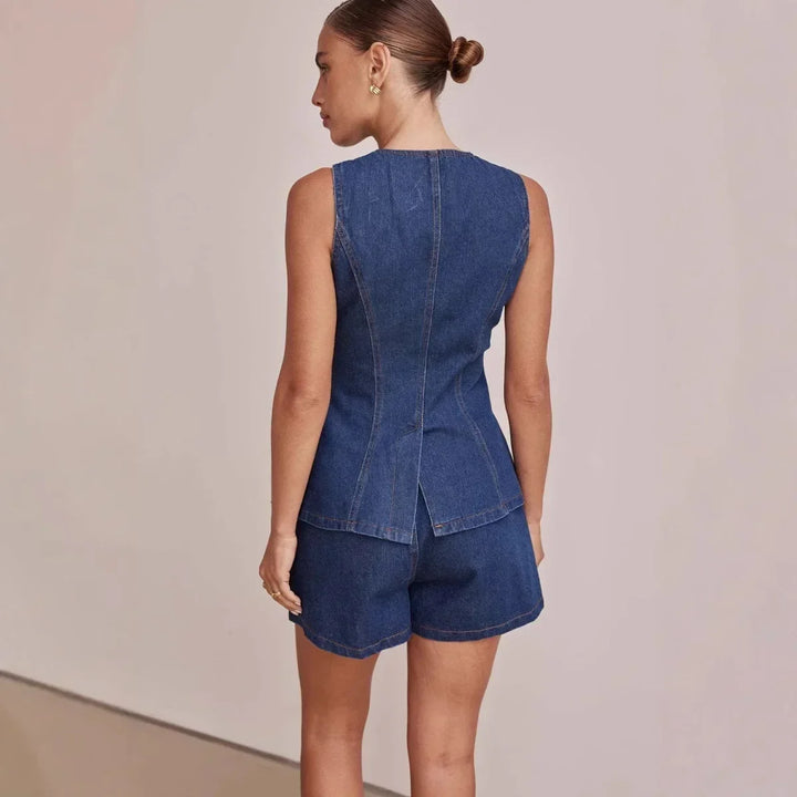 Denim Vest and Wide-Leg Shorts Set with Tortoise Buttons and High-Rise Cinched Waist