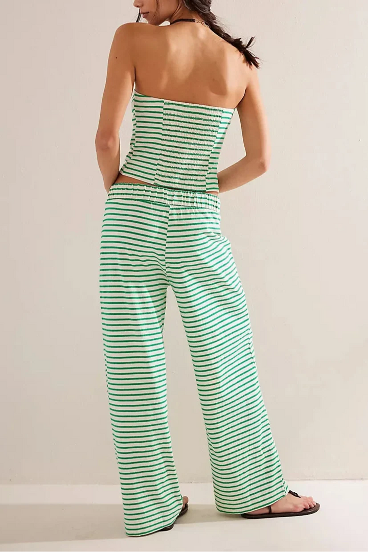Striped Cotton-Linen Two-Piece Set with Fitted Bandeau Top and Relaxed Wide-Leg Pants