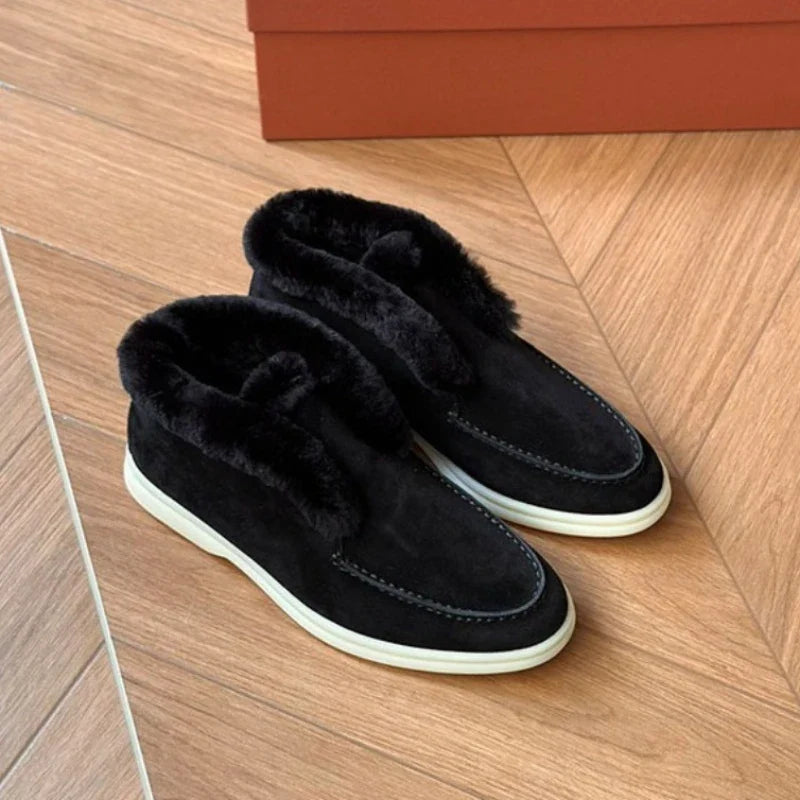 Suede Loafer Boots with Shearling Lining, Moc Toe Slip-On Design and Cushioned Sole