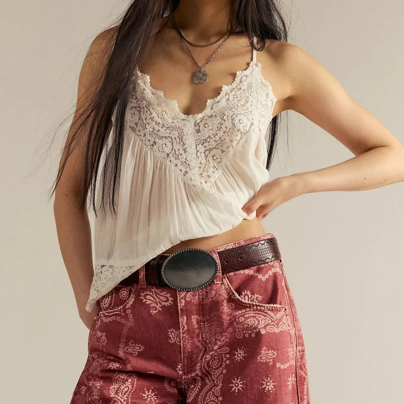 Lace-Trim Cami Top with Sheer Flowy Cotton and Adjustable Spaghetti Straps