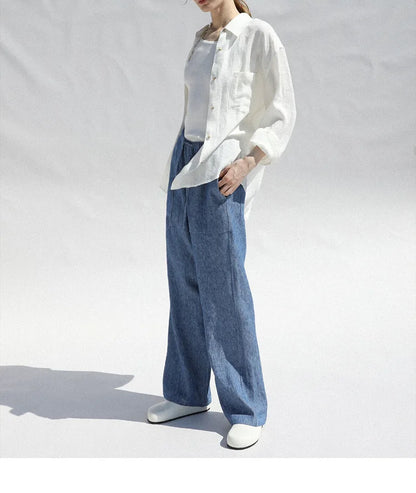 Linen Blouse in Oversized Fit with Turn-Down Collar, 100% Linen Long Sleeve Top for Women