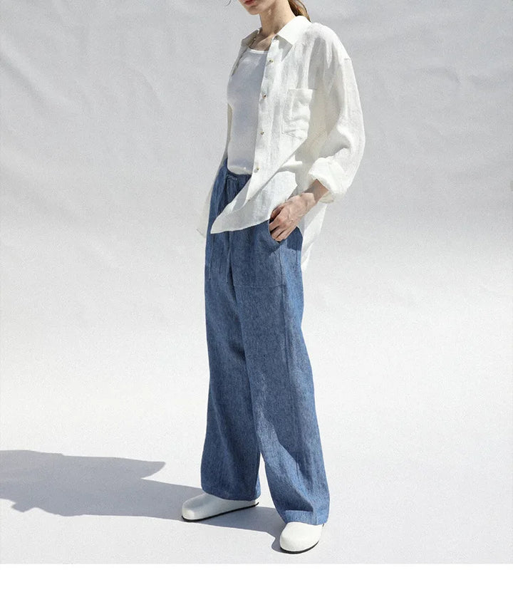 Linen Blouse in Oversized Fit with Turn-Down Collar, 100% Linen Long Sleeve Top for Women