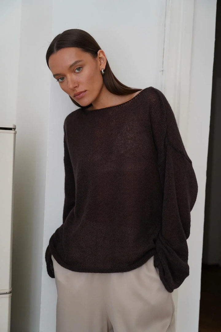 Boatneck Sweater in Merino Wool Blend with Relaxed Fit and Long Sleeves