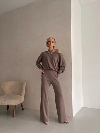 Off-Shoulder Loungewear Knit Set with Soft Flowing Fabric and Relaxed Fit in Camel