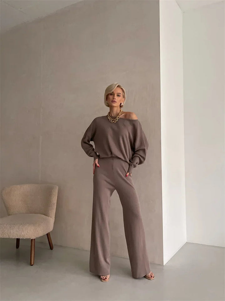 Off-Shoulder Loungewear Knit Set with Soft Flowing Fabric and Relaxed Fit in Camel