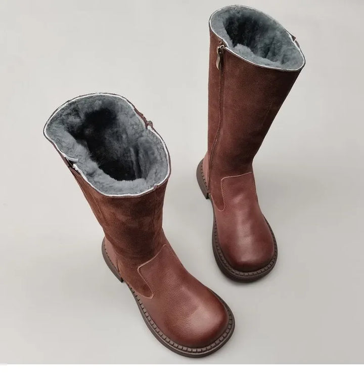 Shearling Riding Boots in Premium Leather-Look with Wool Lining and Side Zipper, Brown