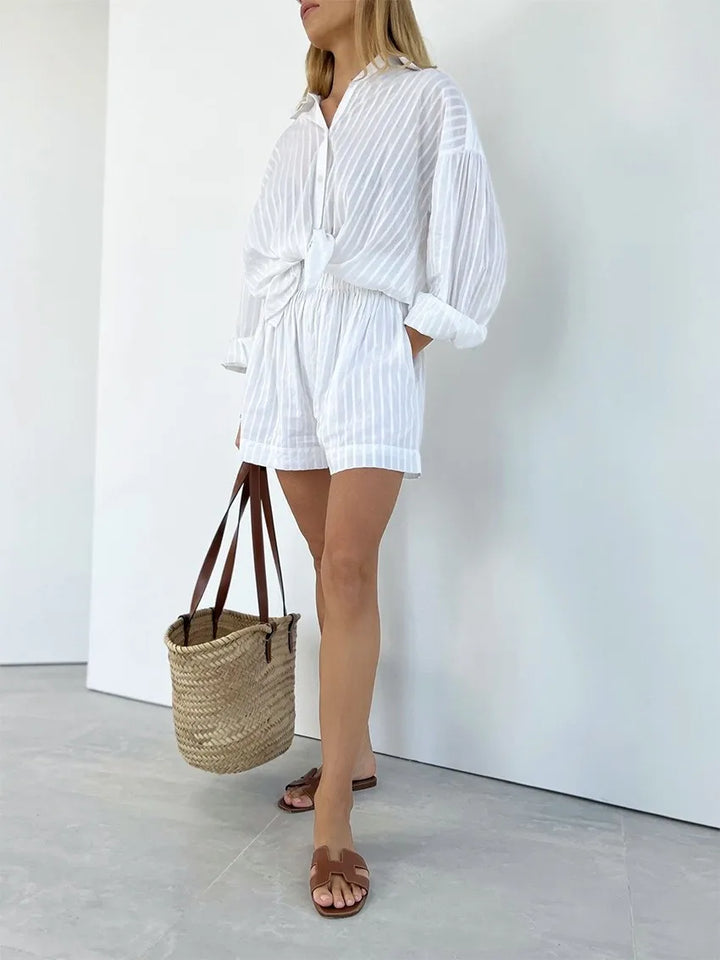 Button-Down Shirt and Shorts Set with Relaxed Oversized Fit in Lightweight Cotton-Blend Fabric