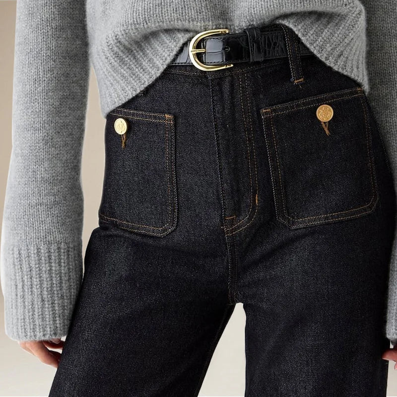 Wide-Leg Jeans with Front Button Pockets, High-Waisted Cypress Cotton Denim