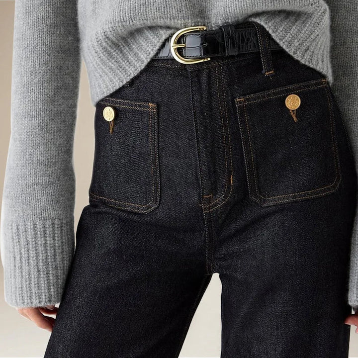Wide-Leg Jeans with Front Button Pockets, High-Waisted Cypress Cotton Denim