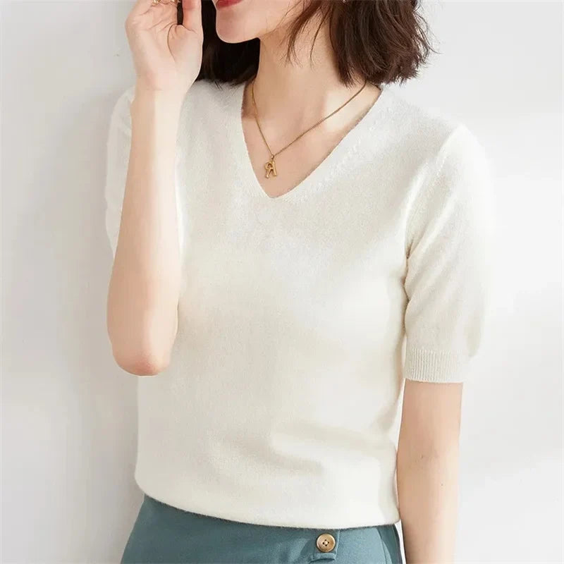 V-Neck Knit Top in Soft Merino Wool Blend with Relaxed Shape-Holding Fit, Khaki