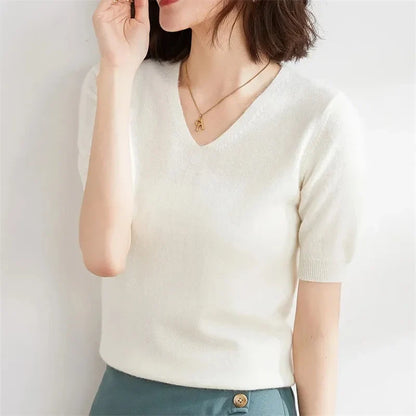 V-Neck Knit Top in Soft Merino Wool Blend with Relaxed Shape-Holding Fit, Khaki