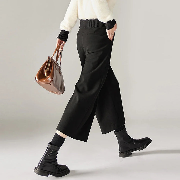 Wide Leg Wool Blend Pants with High-Waist Elastic Design and Ankle-Length Fit