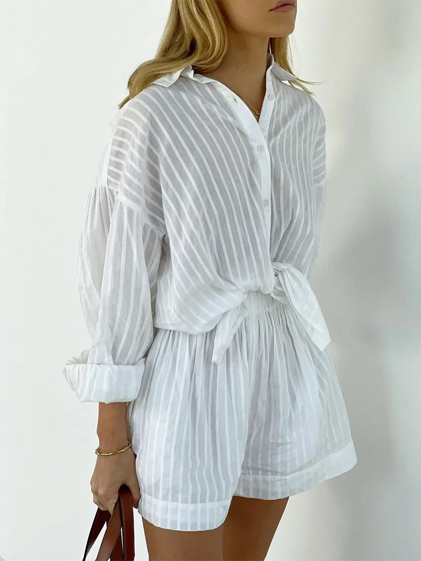 Button-Down Shirt and Shorts Set with Relaxed Oversized Fit in Lightweight Cotton-Blend Fabric
