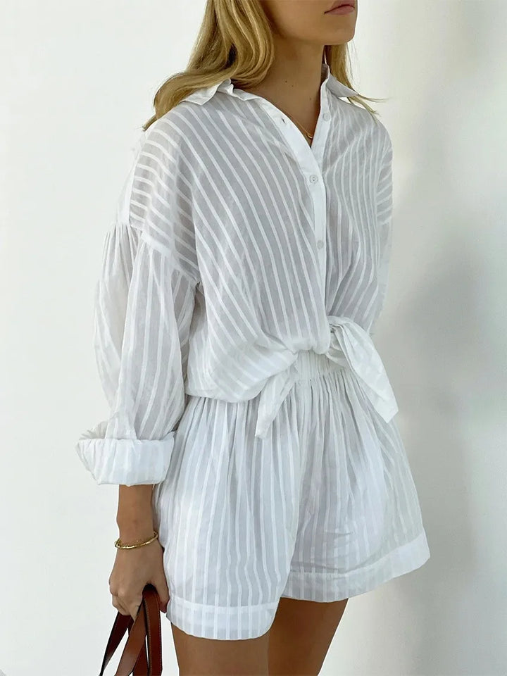 Button-Down Shirt and Shorts Set with Relaxed Oversized Fit in Lightweight Cotton-Blend Fabric