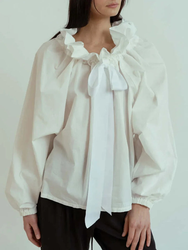 Ruffled Collar Blouse with Oversized Bow Tie and Lantern Sleeves, Checkered Print