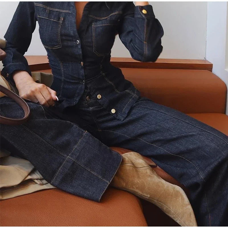 Denim Two-Piece Set with Tailored Button Jacket, Wide-Leg Pants, and Gold Hardware