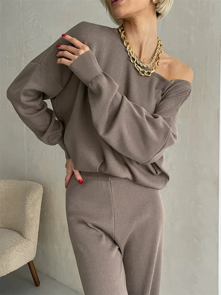 Off-Shoulder Loungewear Knit Set with Soft Flowing Fabric and Relaxed Fit in Camel