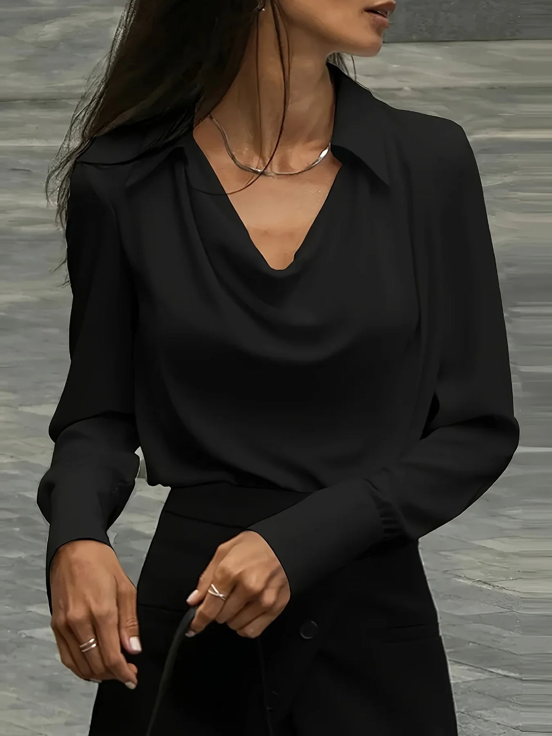 Long Sleeve Blouse with Draped Cowl Neckline, Silk-Blend Satin Finish and Button Cuffs