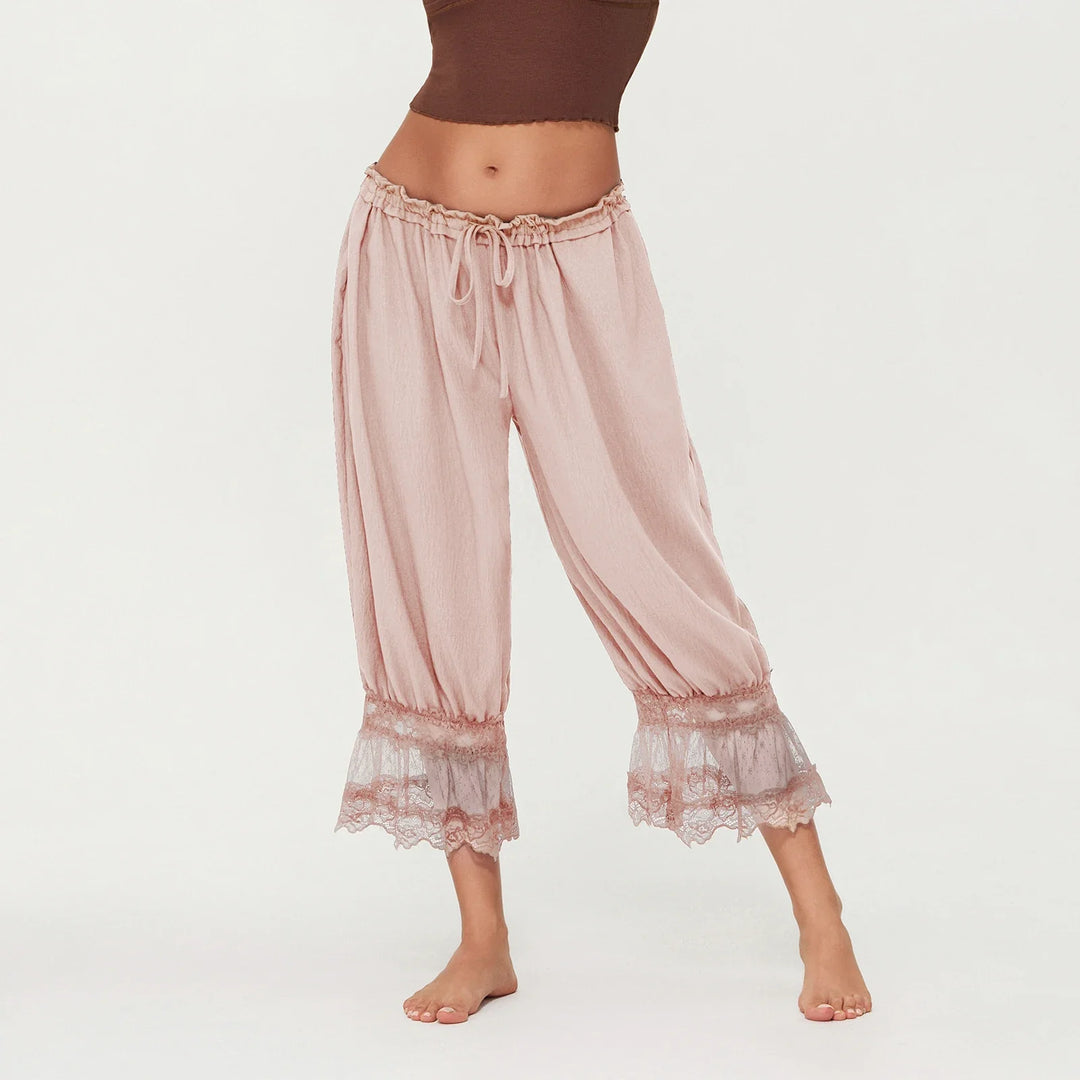 Lantern Pants with Ruffled Lace Cuffs and High-Rise Stretch Waistband in Cotton Blend