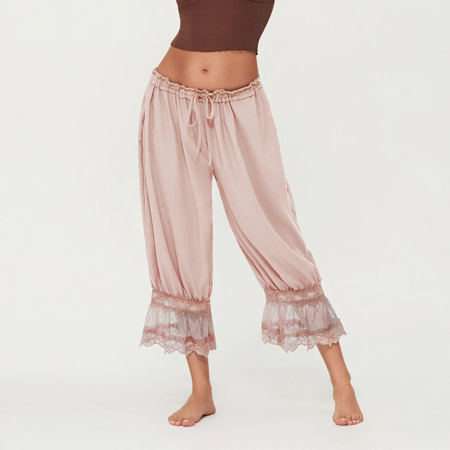 Lantern Pants with Ruffled Lace Cuffs and High-Rise Stretch Waistband in Cotton Blend