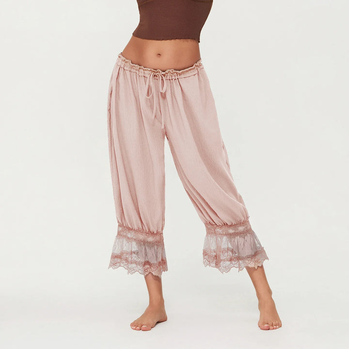 Lantern Pants with Ruffled Lace Cuffs and High-Rise Stretch Waistband in Cotton Blend