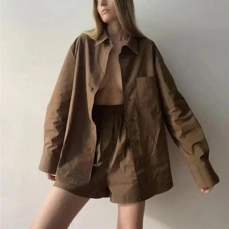 Cotton Poplin Two-Piece Set with Oversized Button-Down Shirt and Matching Shorts in Brown