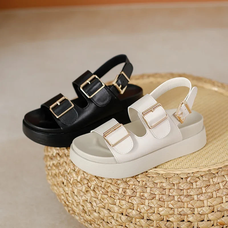Platform Sandal in Ivory Vegan Leather with Double Buckle Straps and Built-In Supportive Insole