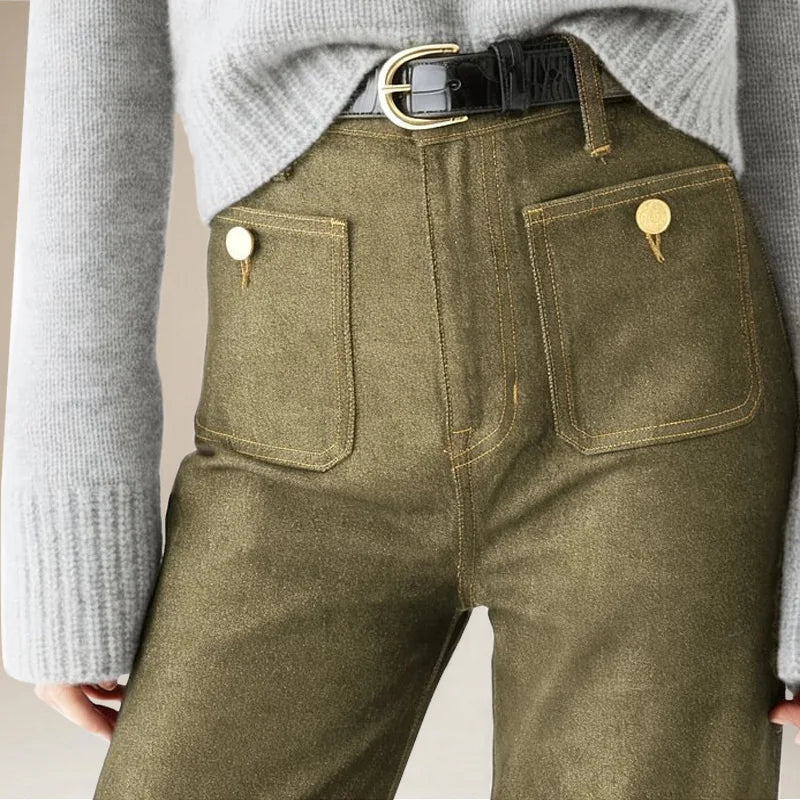 Wide-Leg Jeans with Front Button Pockets, High-Waisted Cypress Cotton Denim