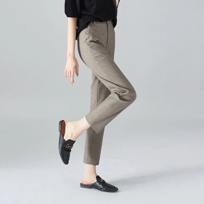 High-Waist Trousers with Elastic Waistband, Ankle-Length Slim Tailored Fit in Gray