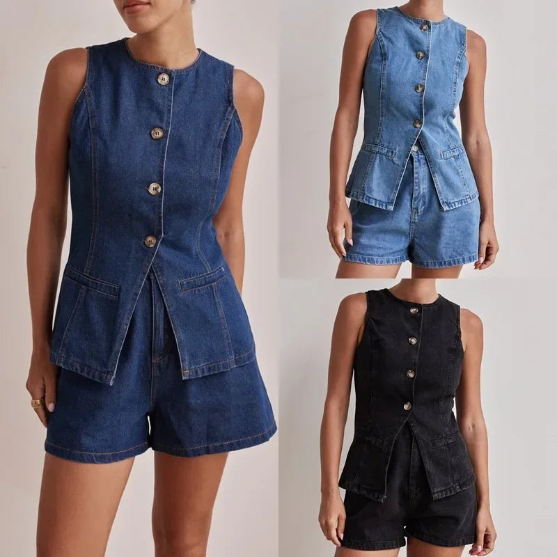 Denim Vest and Wide-Leg Shorts Set with Tortoise Buttons and High-Rise Cinched Waist