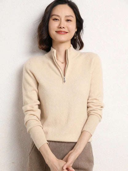 Cashmere Half-Zip Pullover Sweater with Stand-Up Collar, Standard Fit, Beige
