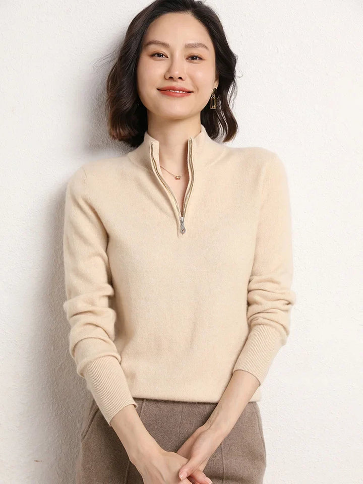Cashmere Half-Zip Pullover Sweater with Stand-Up Collar, Standard Fit, Beige