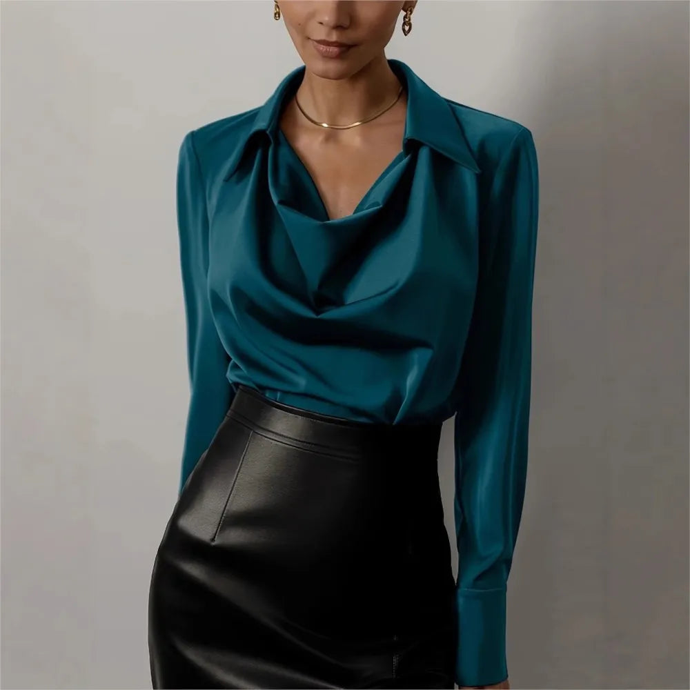 Long Sleeve Blouse with Draped Cowl Neckline, Silk-Blend Satin Finish and Button Cuffs
