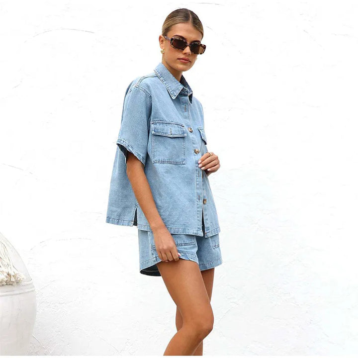 Button-Down Shirt and Drawstring Shorts 2-Piece Denim Set in Organic Cotton Blend with Elastic Waist