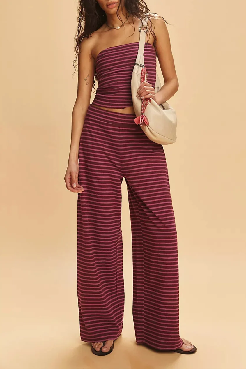Striped Cotton-Linen Two-Piece Set with Fitted Bandeau Top and Relaxed Wide-Leg Pants