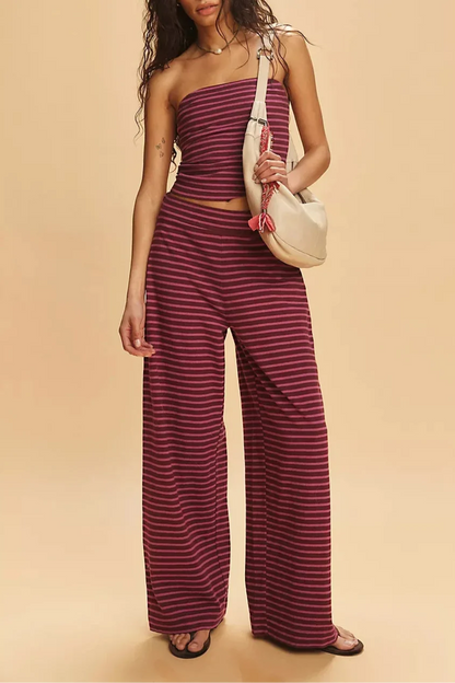 Striped Cotton-Linen Two-Piece Set with Fitted Bandeau Top and Relaxed Wide-Leg Pants