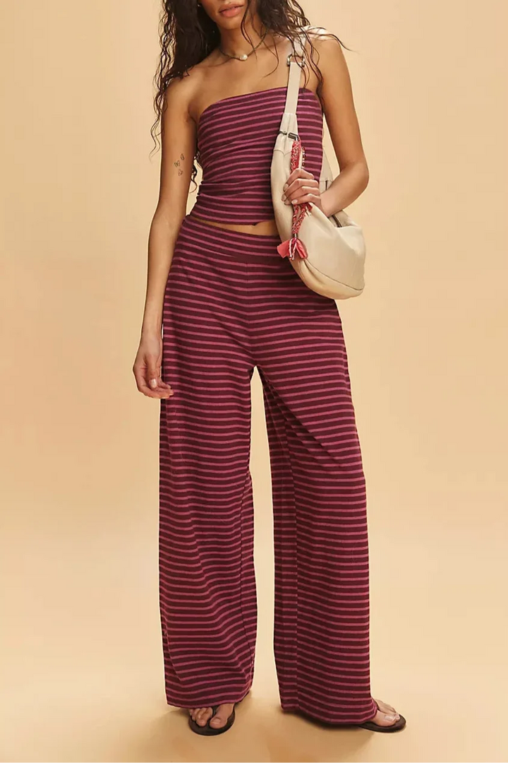 Striped Cotton-Linen Two-Piece Set with Fitted Bandeau Top and Relaxed Wide-Leg Pants