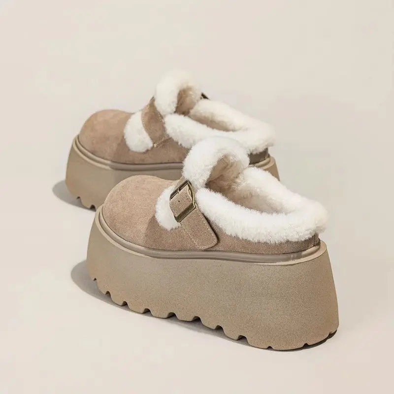 Suede Platform Clogs with Shearling Lining, Adjustable Buckle Strap and Cushioned Sole