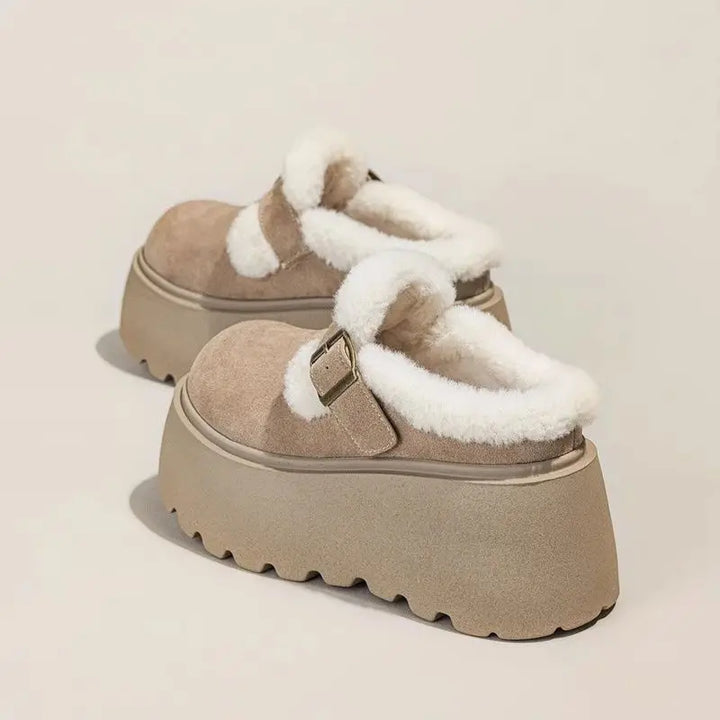 Suede Platform Clogs with Shearling Lining, Adjustable Buckle Strap and Cushioned Sole