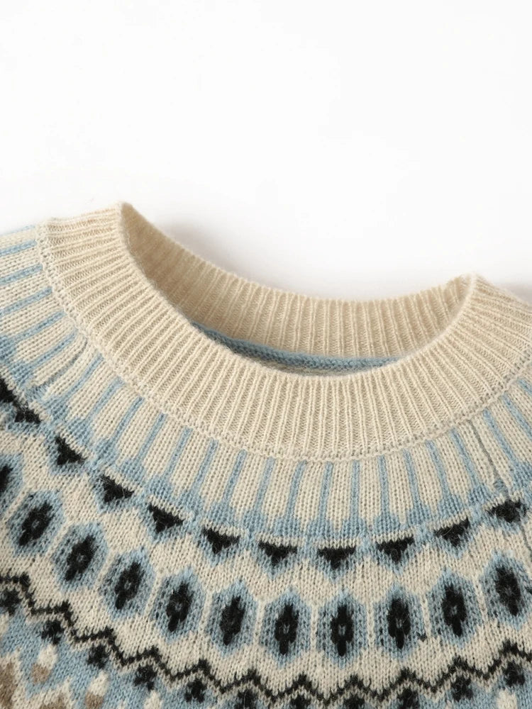 Fair Isle Jacquard Mock Neck Sweater in Cashmere-Soft Knit, Camel Colorway
