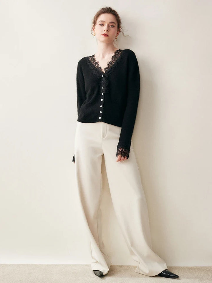 Cashmere Cardigan with Lace-Trim Detail and Relaxed Knit Fit in Khaki