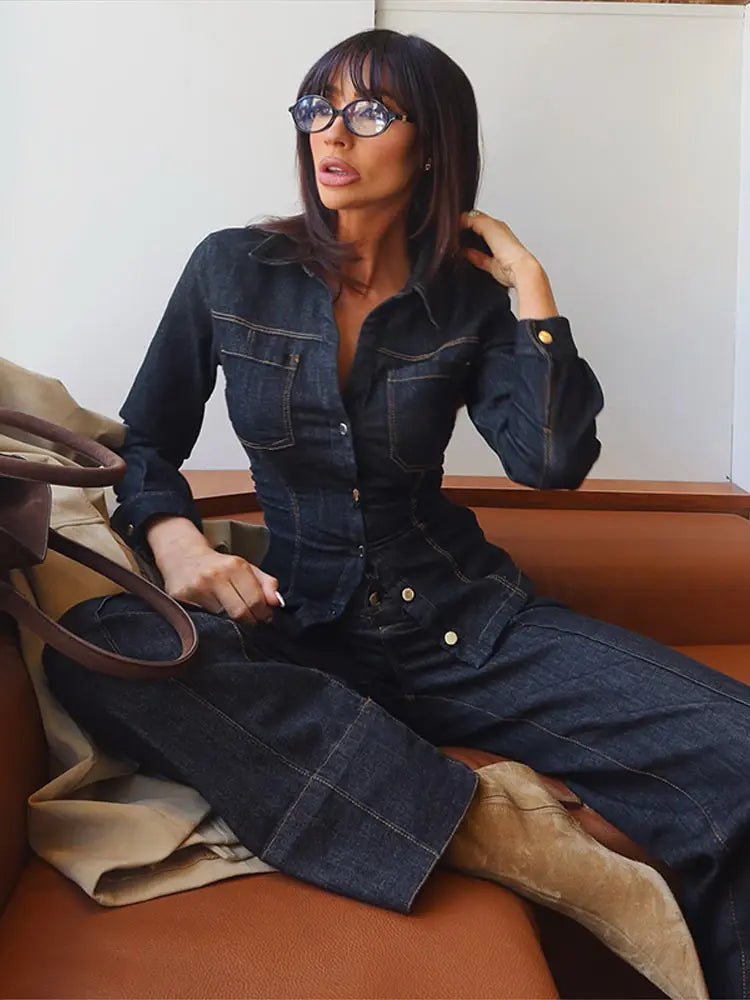 Denim Two-Piece Set with Tailored Button Jacket, Wide-Leg Pants, and Gold Hardware