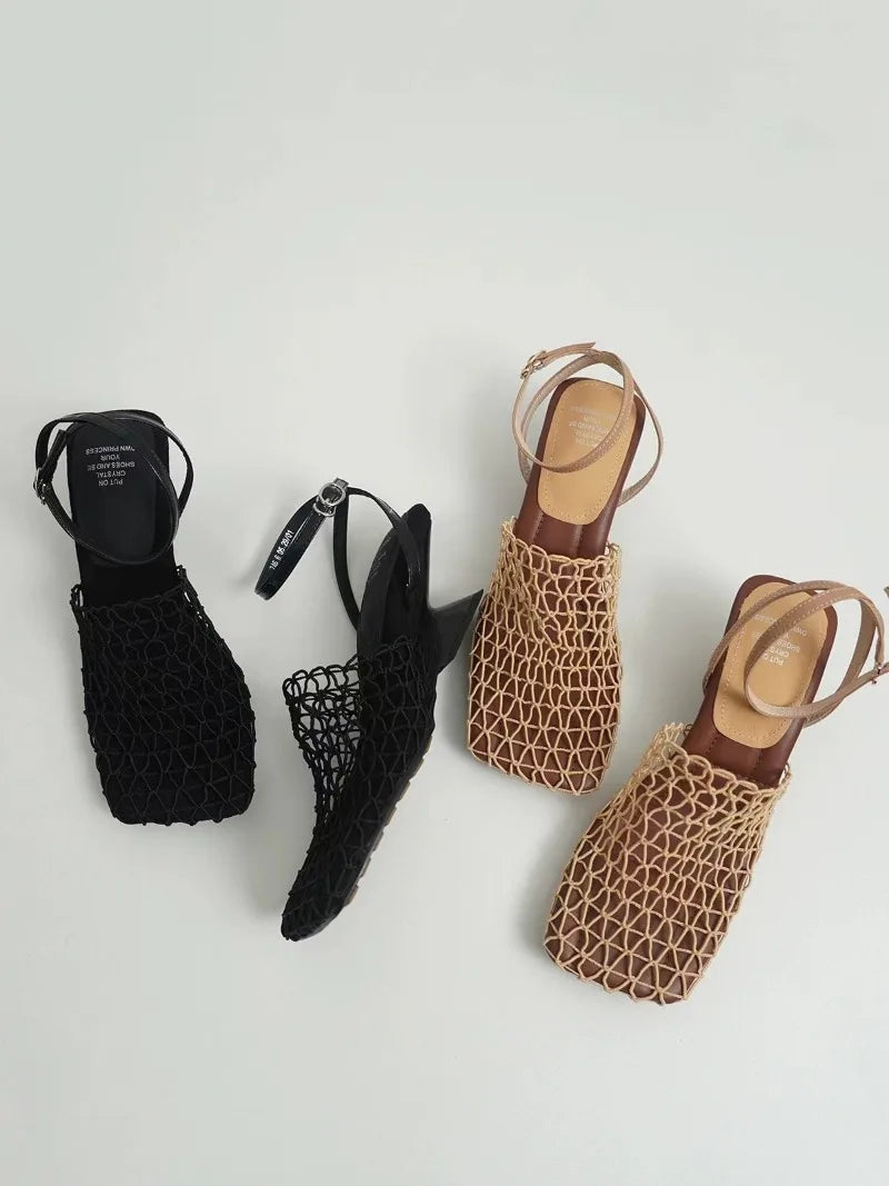 Braided Mesh Heeled Sandals with Square Toe and Ankle Strap, Women's Fallon