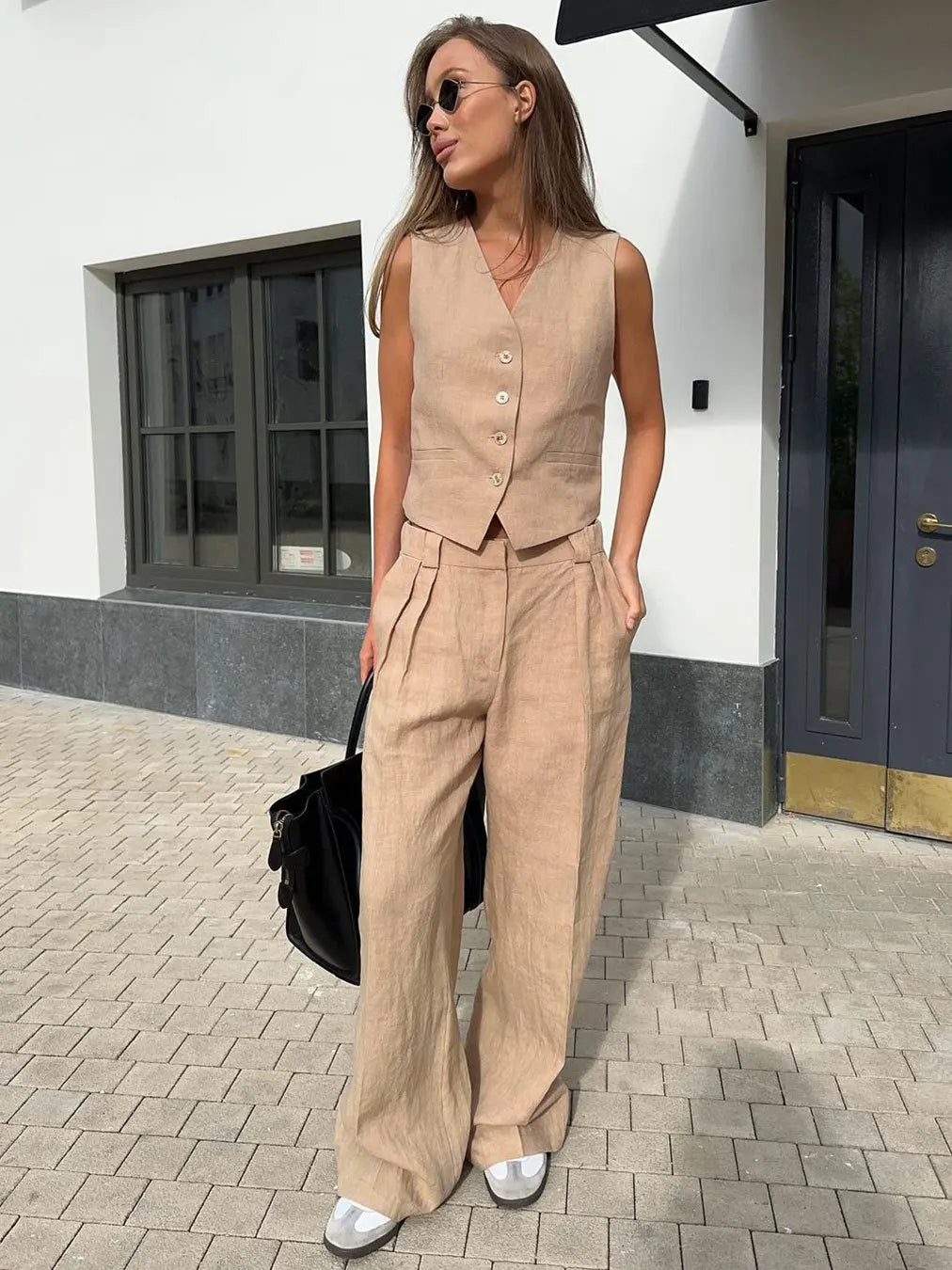 Linen Trouser Set with Buttoned Vest Top and Wide-Leg Pleated Trousers, Two-Piece Design