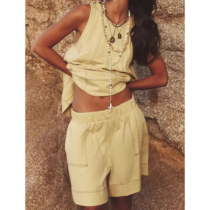 Two-Piece Cotton Set, Cropped Tank Top and Elastic-Waist Shorts with Raw Seam Detailing in Sunwashed Yellow