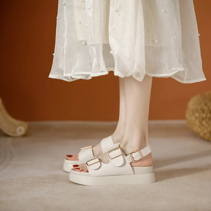 Platform Sandal in Ivory Vegan Leather with Double Buckle Straps and Built-In Supportive Insole