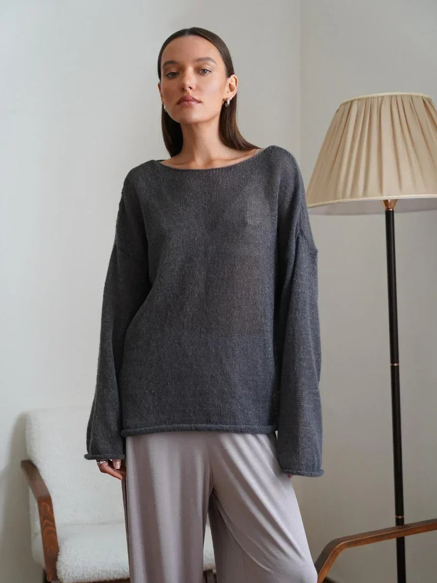 Boatneck Sweater in Merino Wool Blend with Relaxed Fit and Long Sleeves
