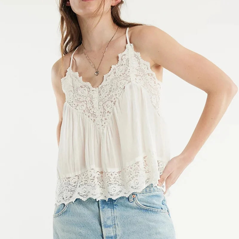Lace-Trim Cami Top with Sheer Flowy Cotton and Adjustable Spaghetti Straps