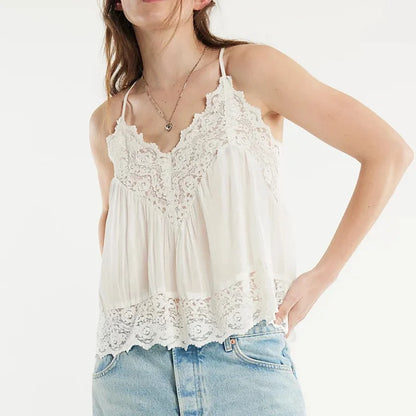 Lace-Trim Cami Top with Sheer Flowy Cotton and Adjustable Spaghetti Straps